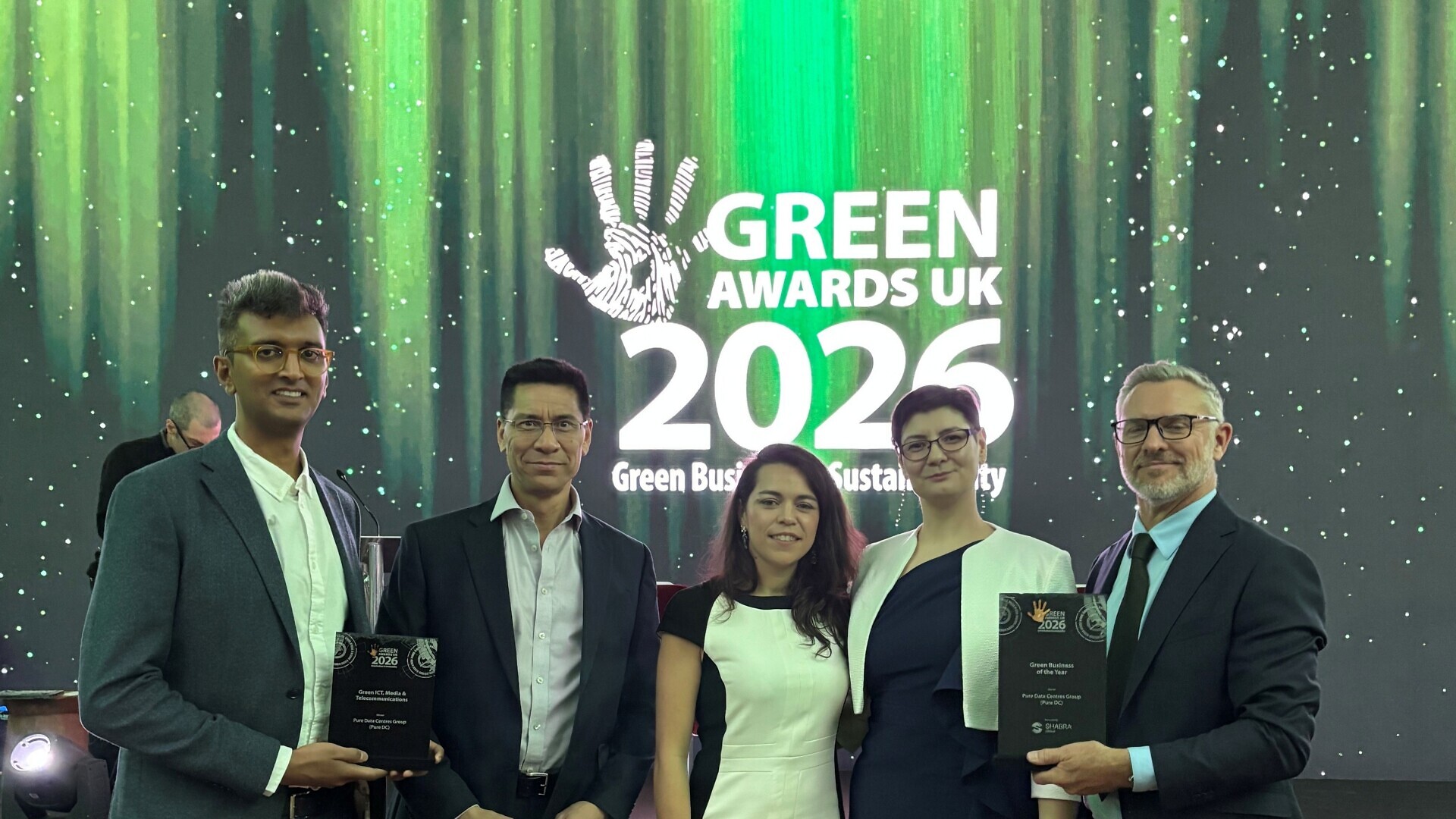 Shrikant Kerai, Stephen Hing, Maria Rivas, Ian Whitfield and Agnes Warner at the Green Awards UK 2026