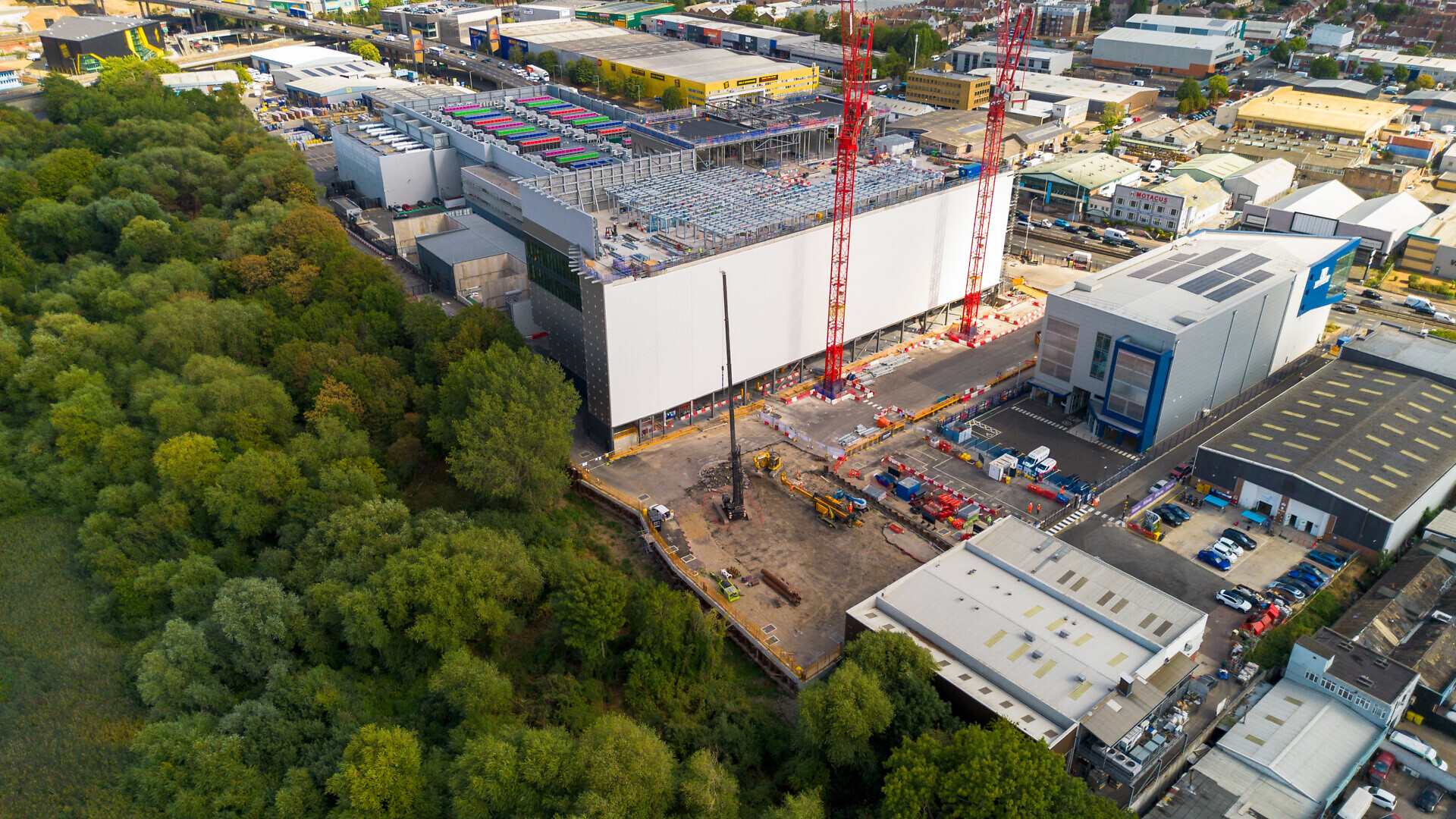 Aerial view of Pure DC’s LON01 Brent Cross data centre campus in North London, showing ongoing construction works.